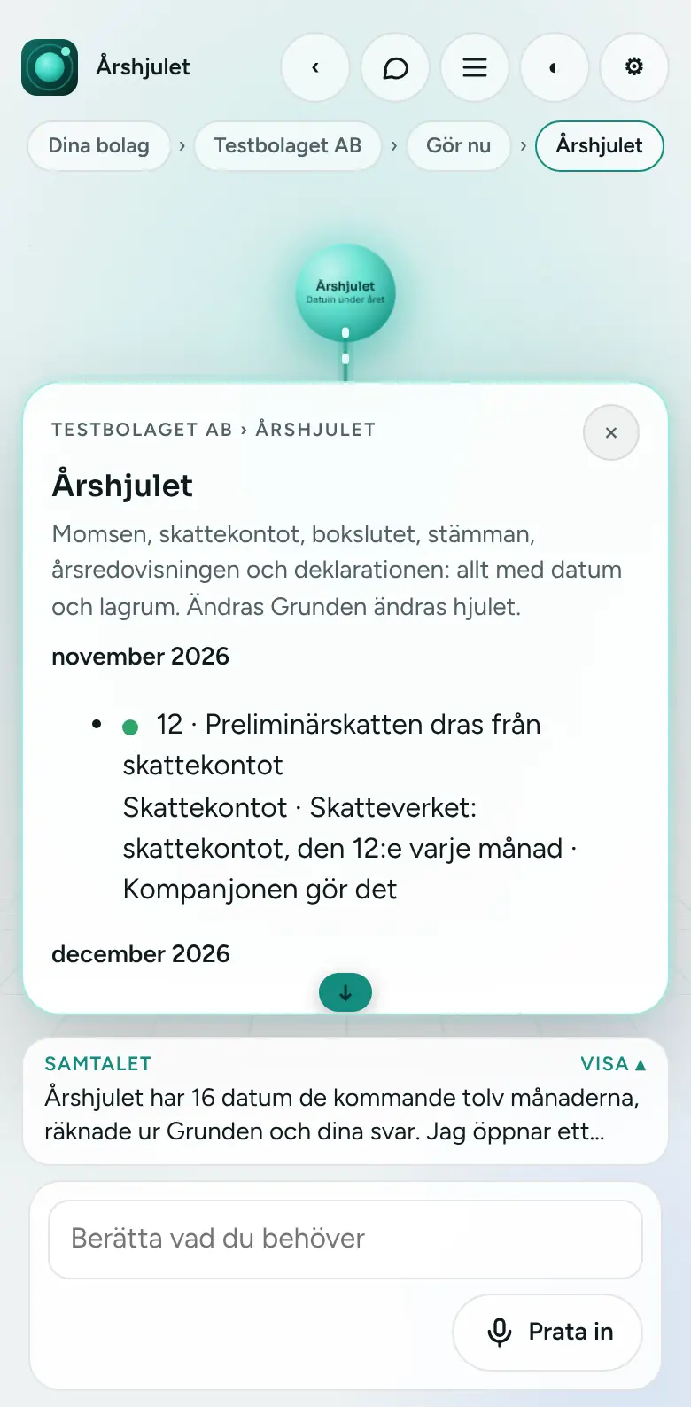 Årshjulet: Alla bolagets datum under året, räknade ur Grunden och med lagrum. Ändras Grunden ändras hjulet.
