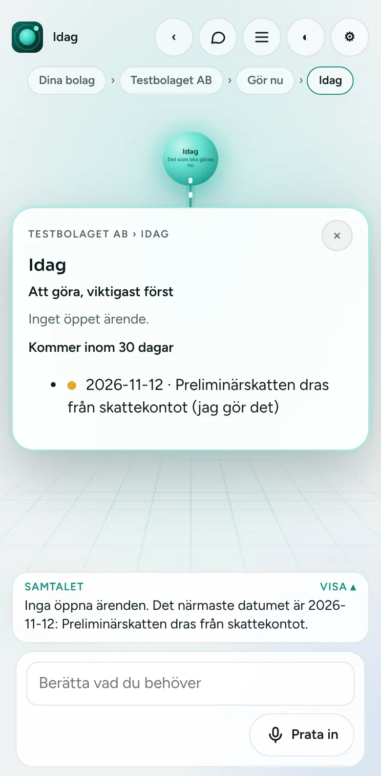 Gör nu: det viktigaste idag: Det som ska göras först, och det som kommer inom 30 dagar. Kompanjonen säger också vad den gör själv.